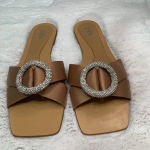 SOLD ON OTHER PLATFORM: ZARA Caramel Satin Crystal Embroidered Flat Sandals 6.5